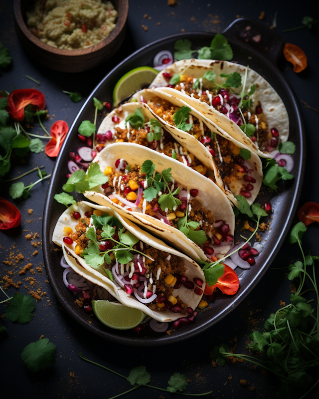 Gourmet Artisanal Tacos with Pomegranate and Corn