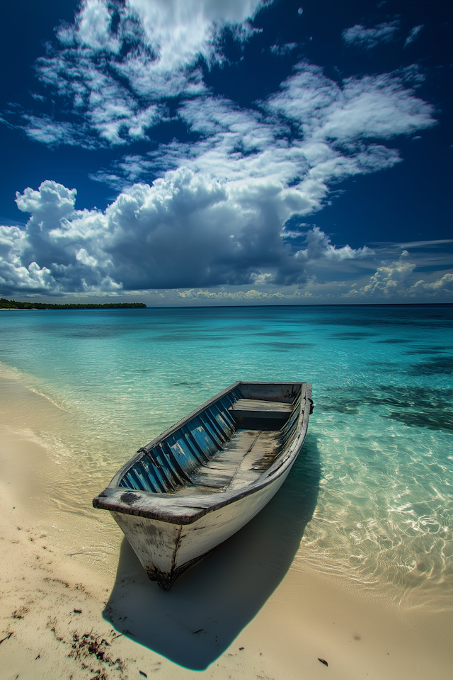 Serene Beach Scene with Wooden Boat