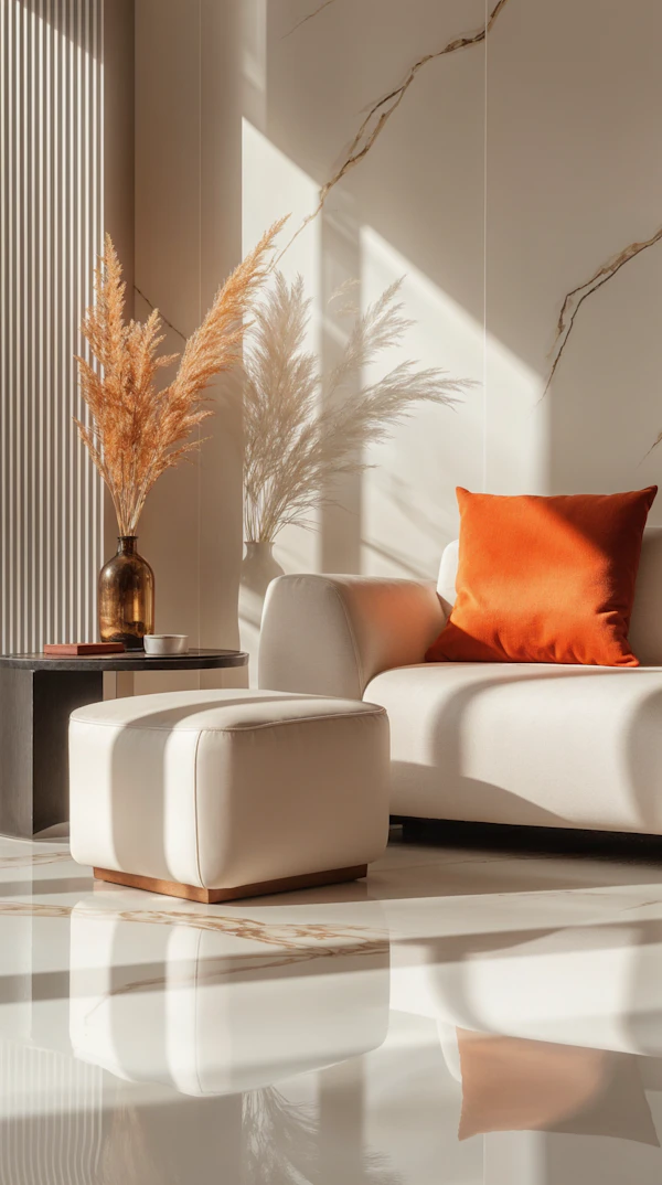 Serene Interior with Orange Pillow