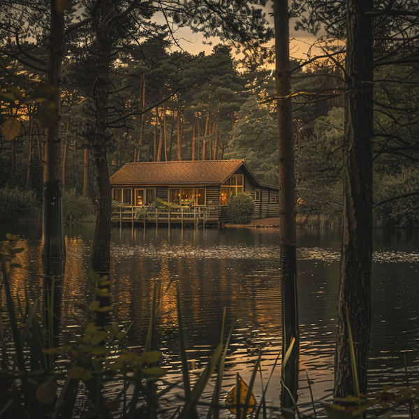 Serene Lakeside Evening with Wooden Cabin