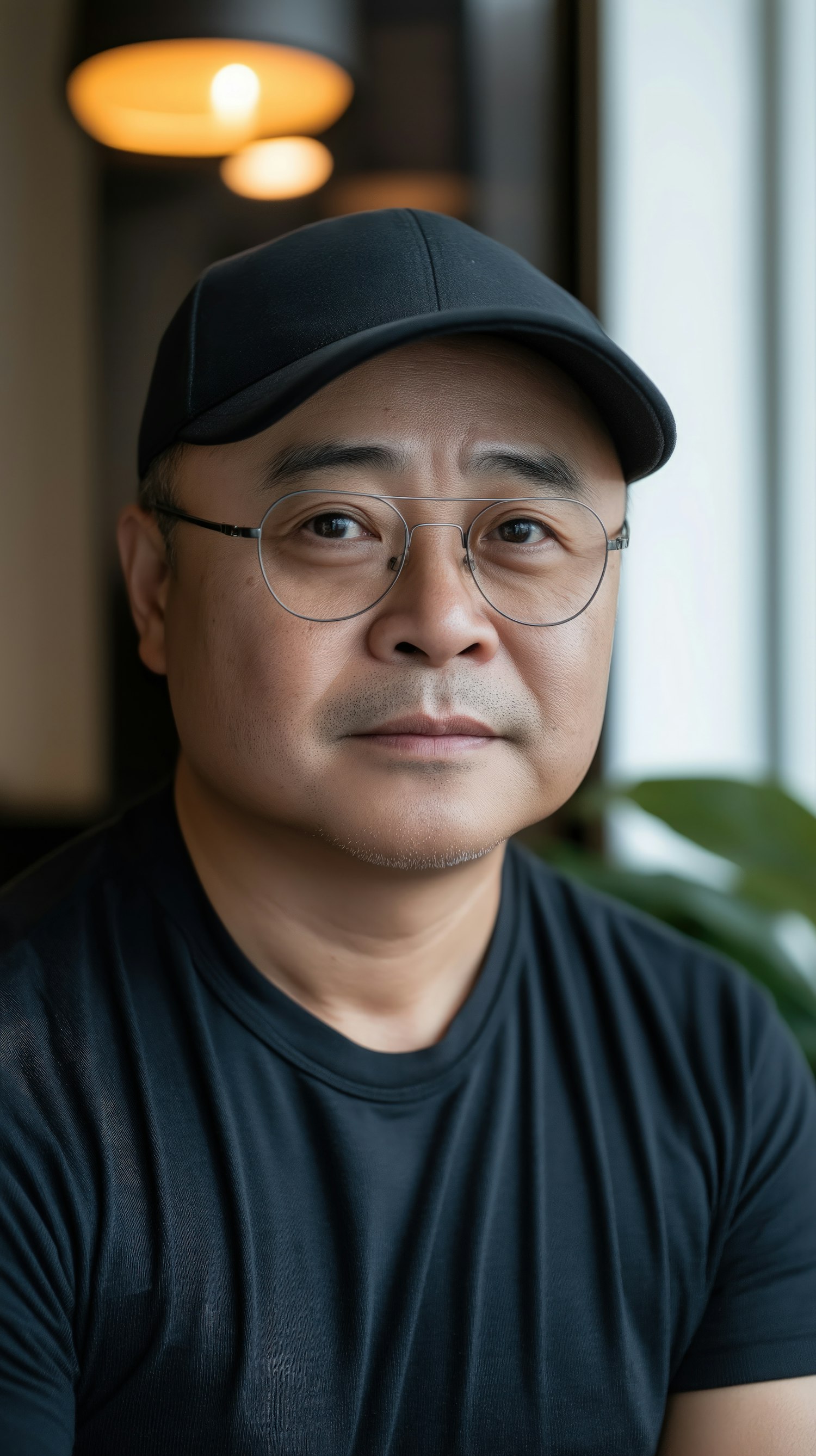 Man with Black Cap and Round Glasses