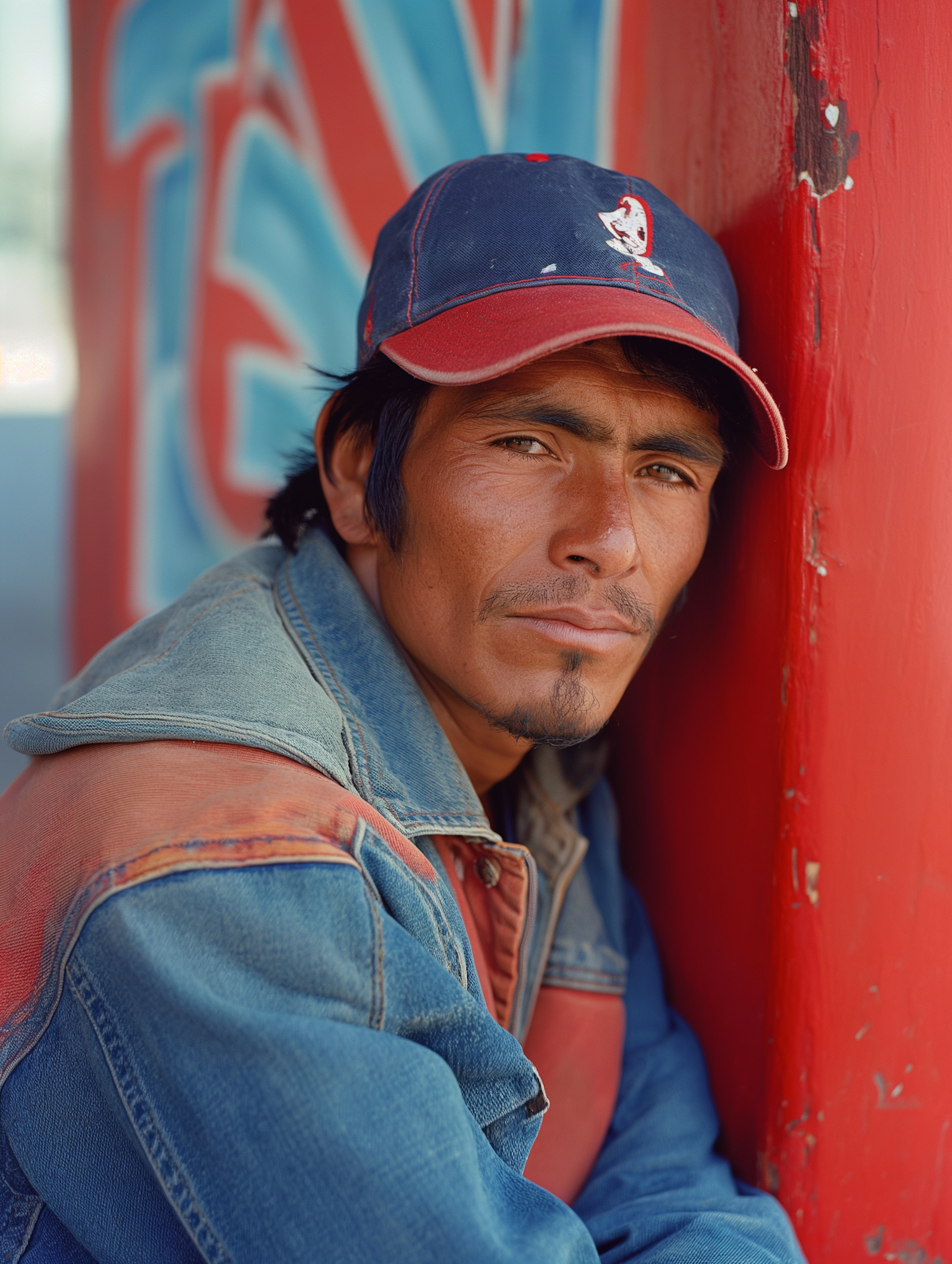 Contemplative Man Leaning on Red Column