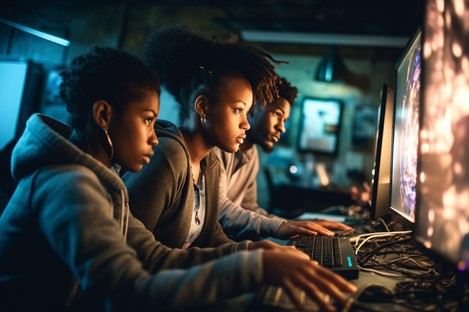 Focused Trio in an Ambient Tech Room