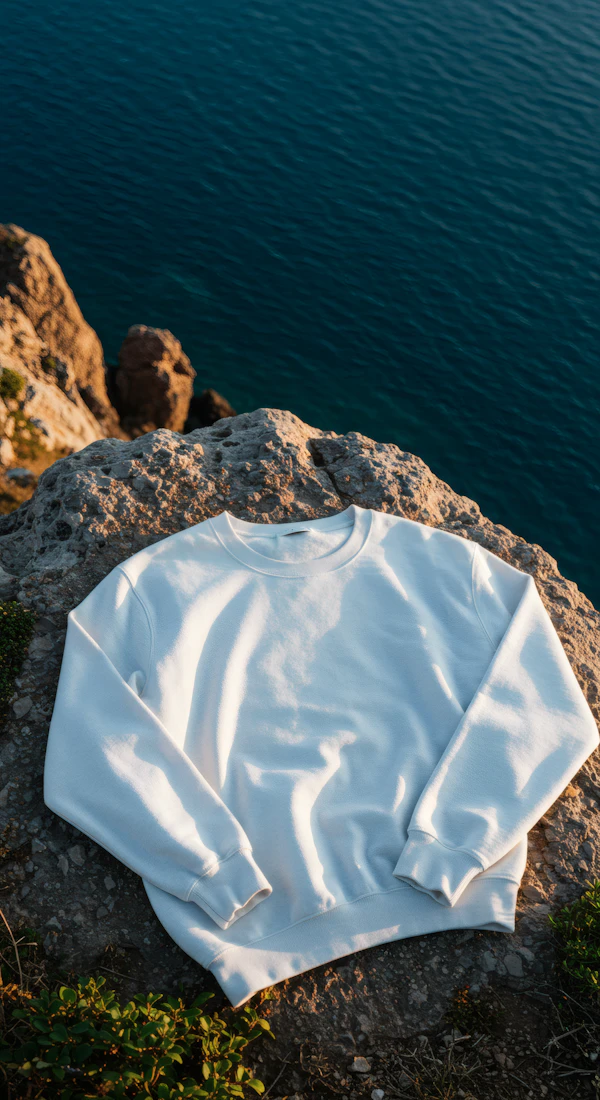 White Sweatshirt on Rocky Shore