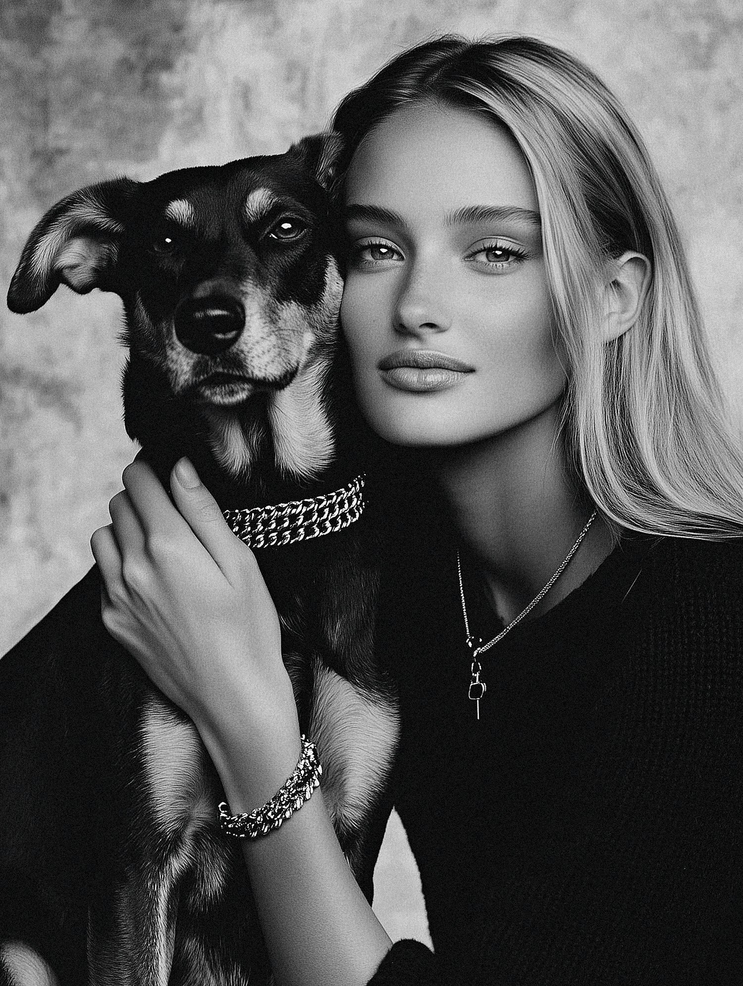 Black and White Portrait of Woman and Dog