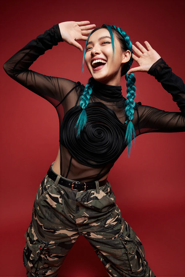 Energetic Blue-Haired Pose