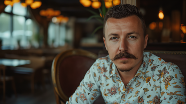 Serious Man with Mustache in Floral Shirt