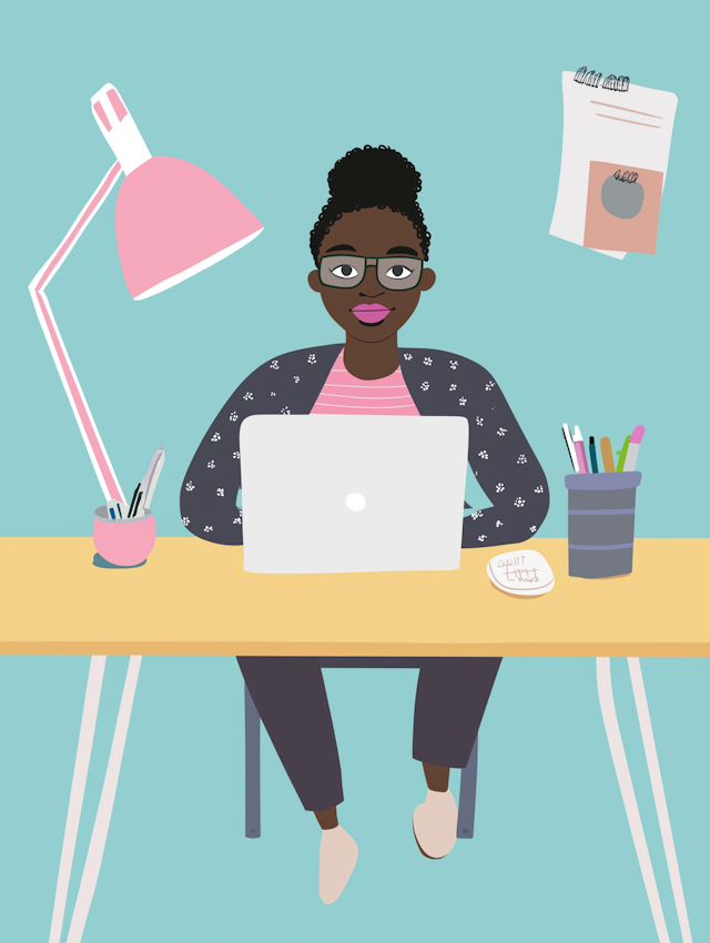 Cartoon Illustration of a Black Woman at a Desk