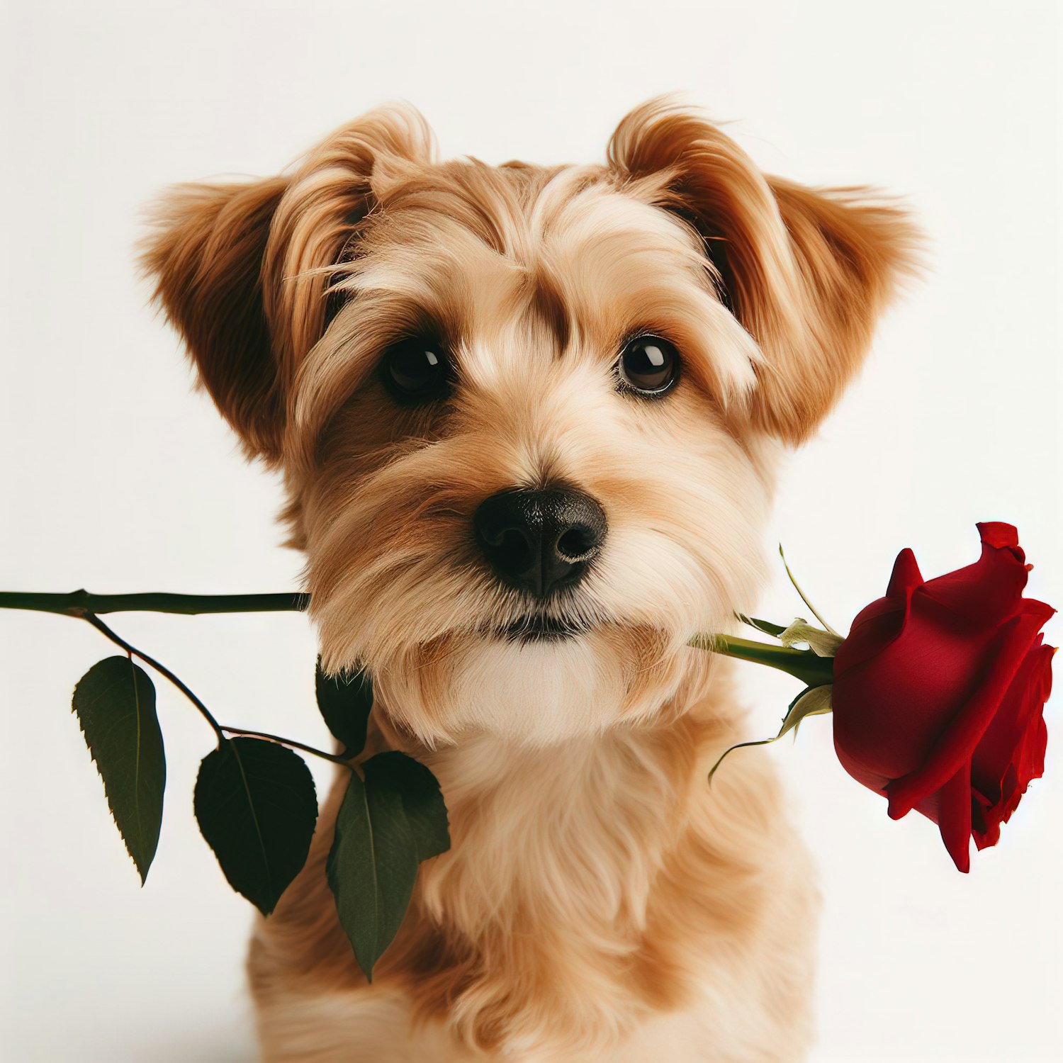 Adorable Dog Holding a Red Rose