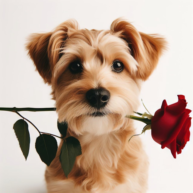 Adorable Dog Holding a Red Rose