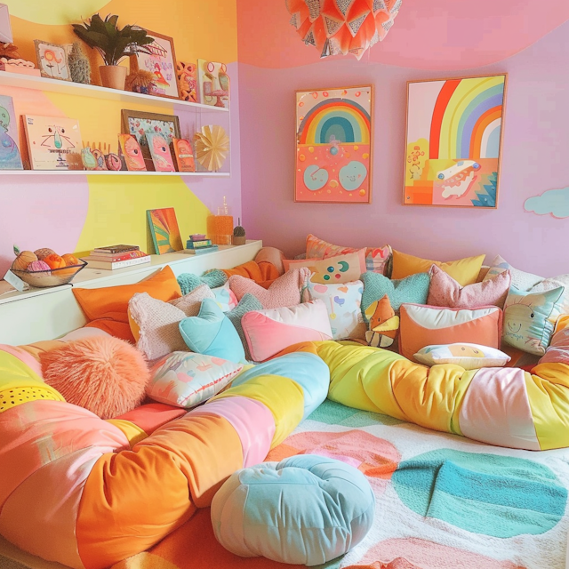 Cozy Colorful Room with Cushions and Artwork