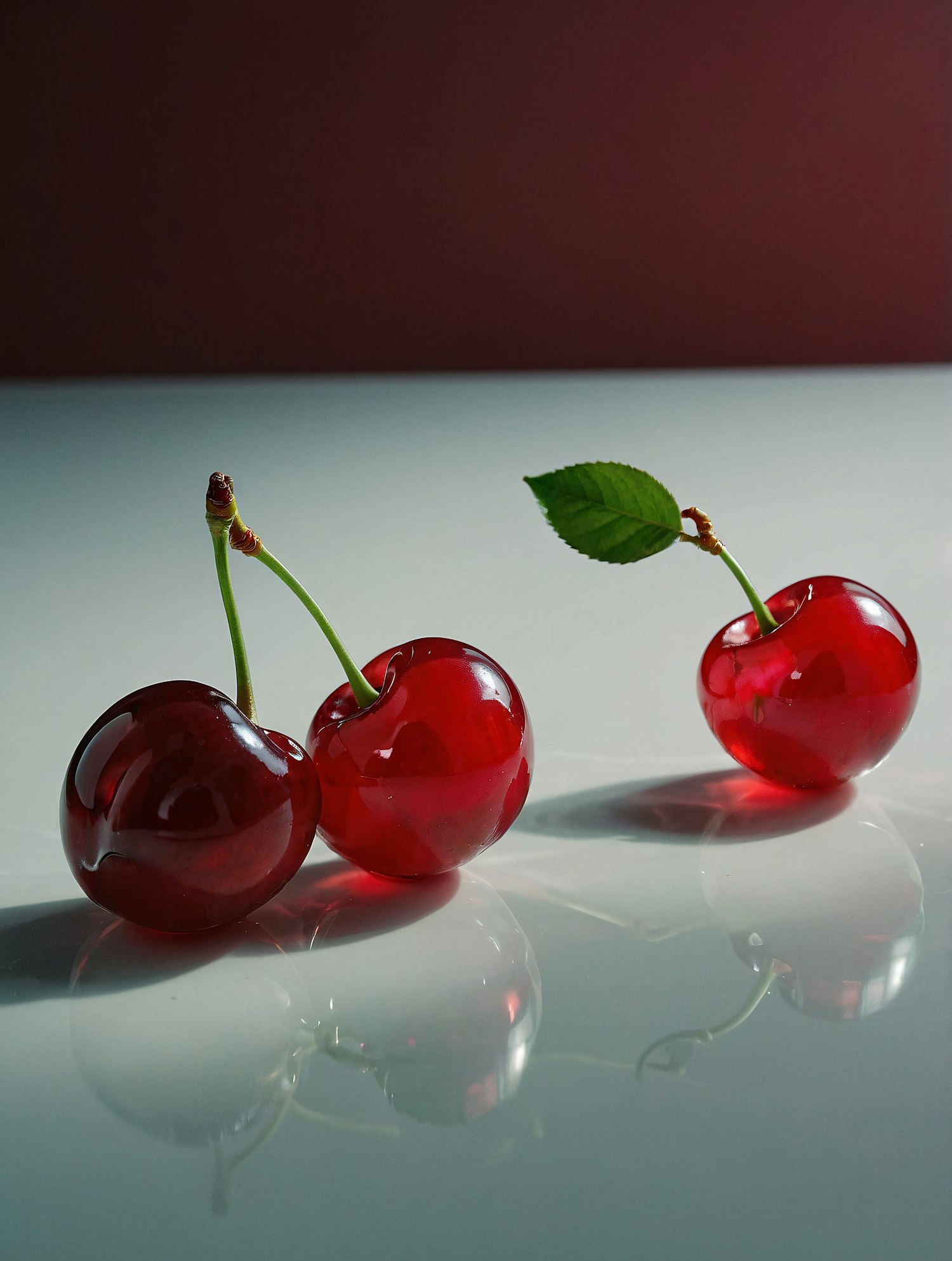 Glossy Red Cherries on Reflective Surface