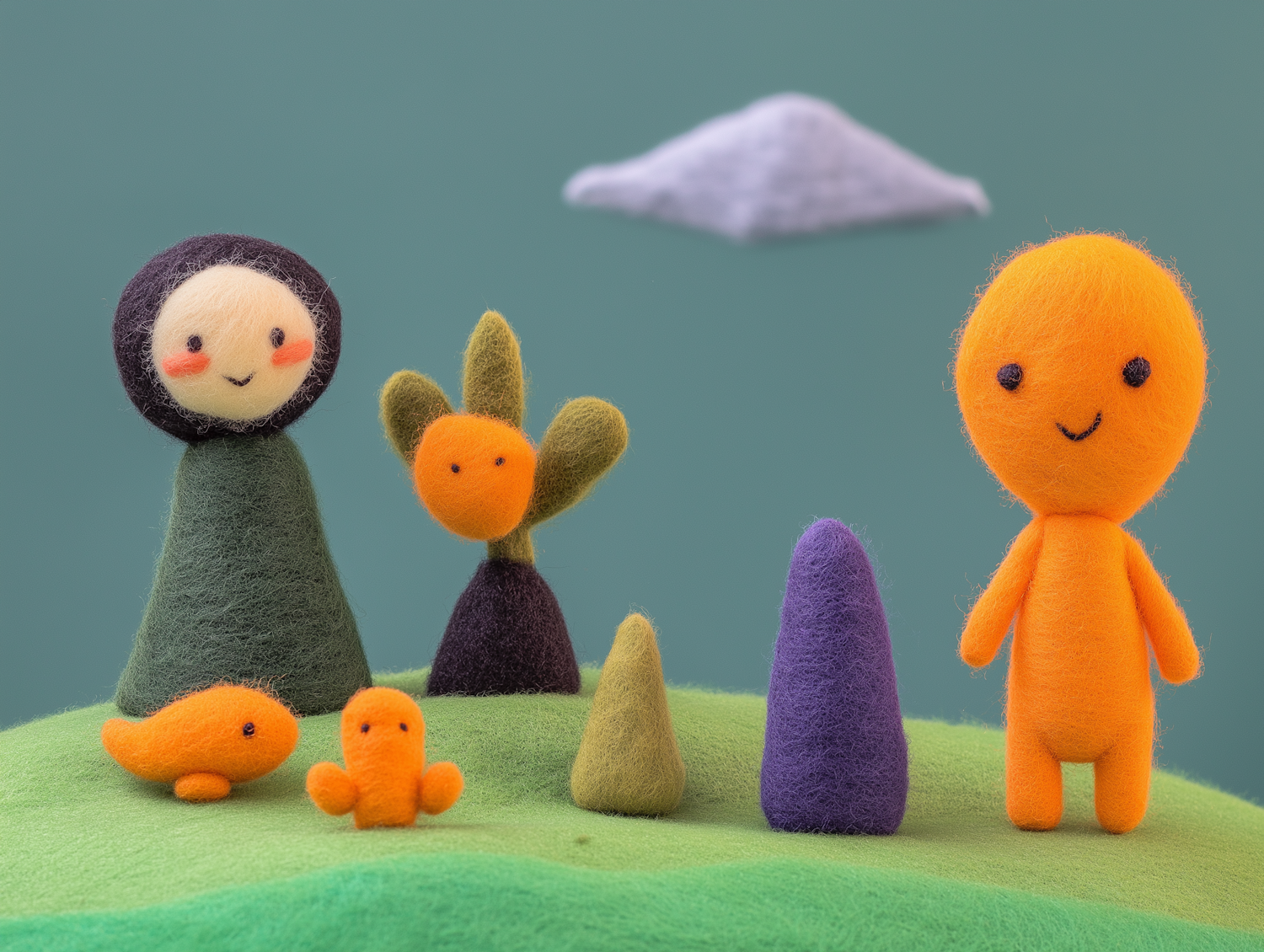 Felted Wool Figures on Green Landscape