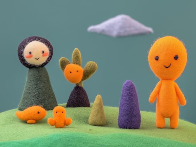 Felted Wool Figures on Green Landscape