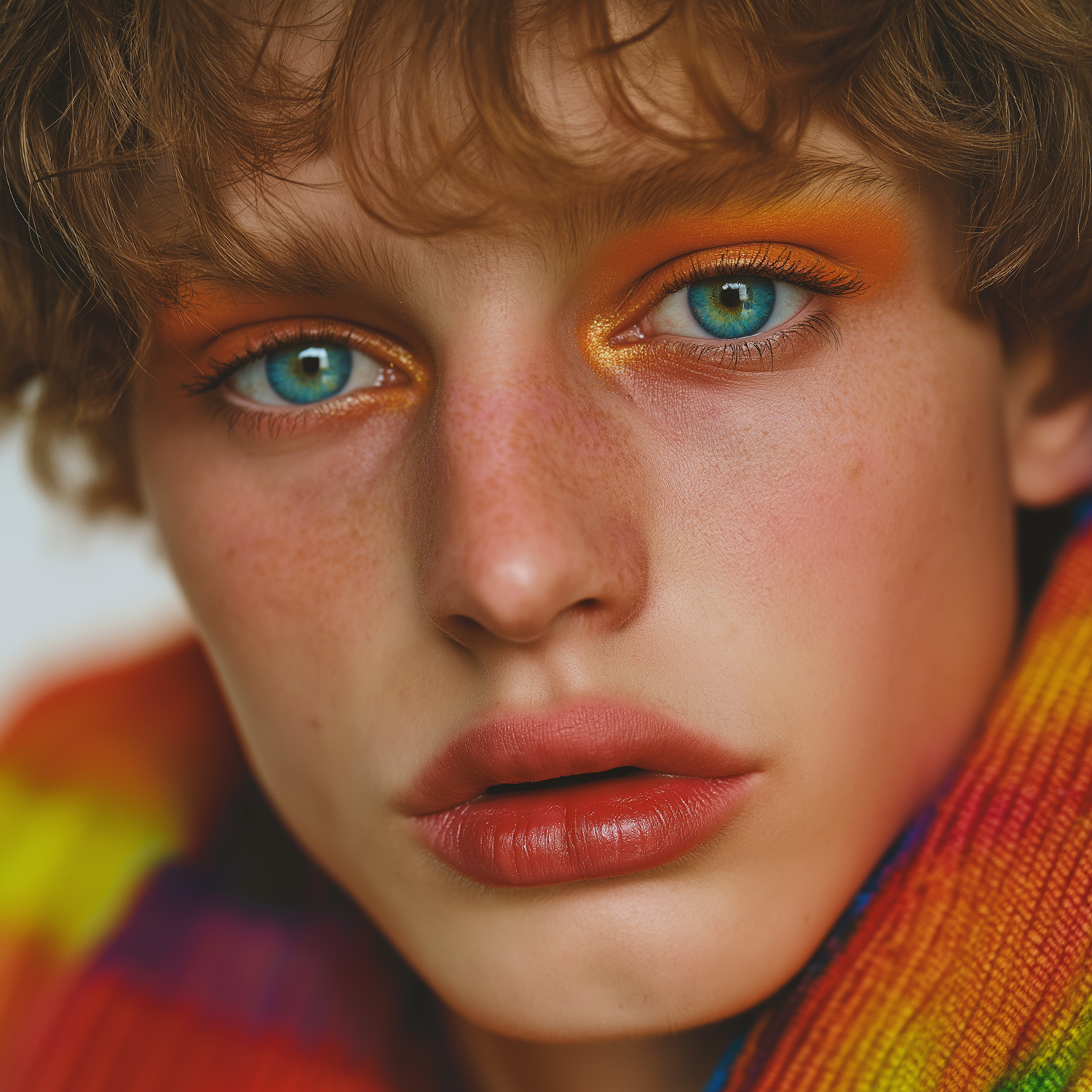 Close-up of Person with Blue Eyes and Orange Eyeshadow