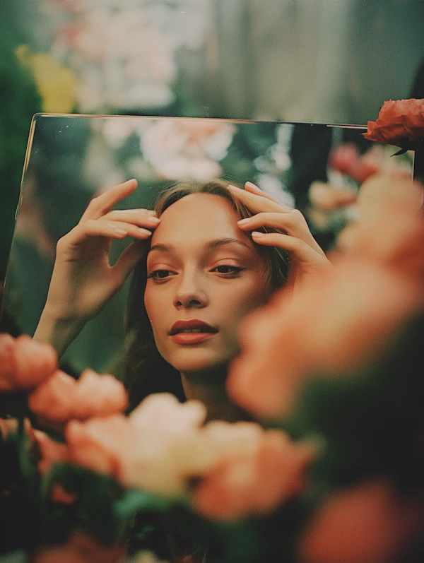 Woman in Mirror with Flowers