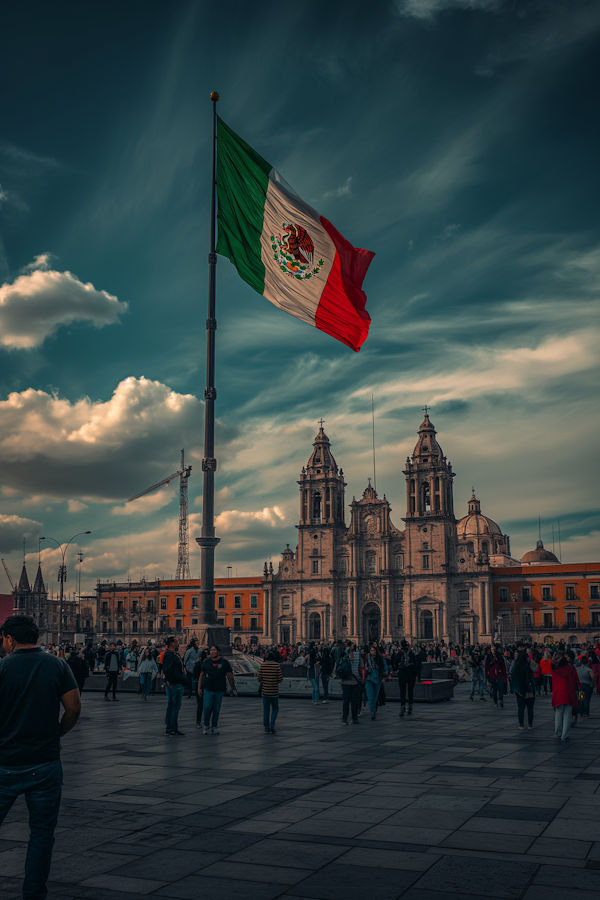 Mexican Square with Flag and Church