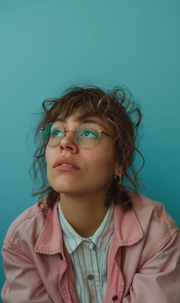 Contemplative Young Woman Against Teal Background