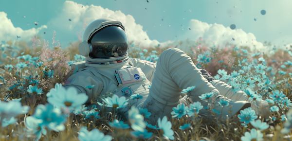 Astronaut in a Field of Blue Flowers