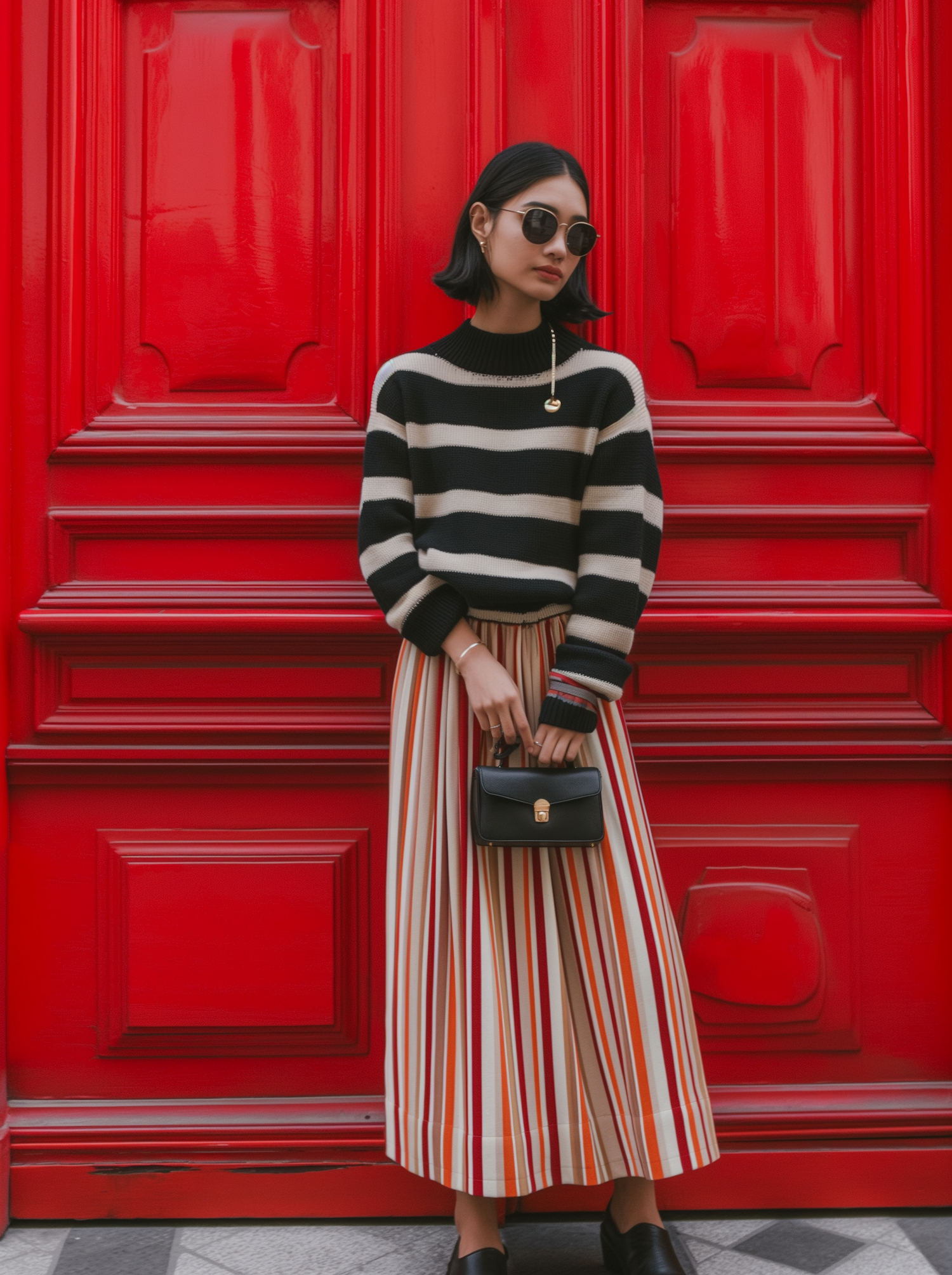 Stylish Woman Against Red Door