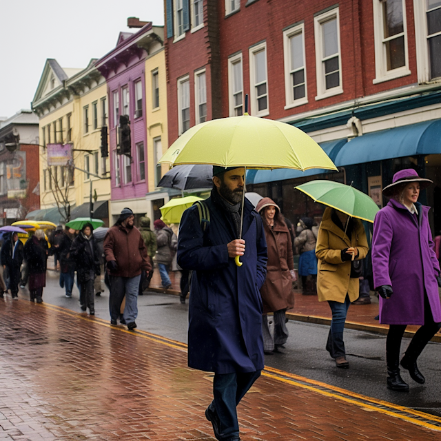 Man with Yellow Umbrella on Rainy City Street