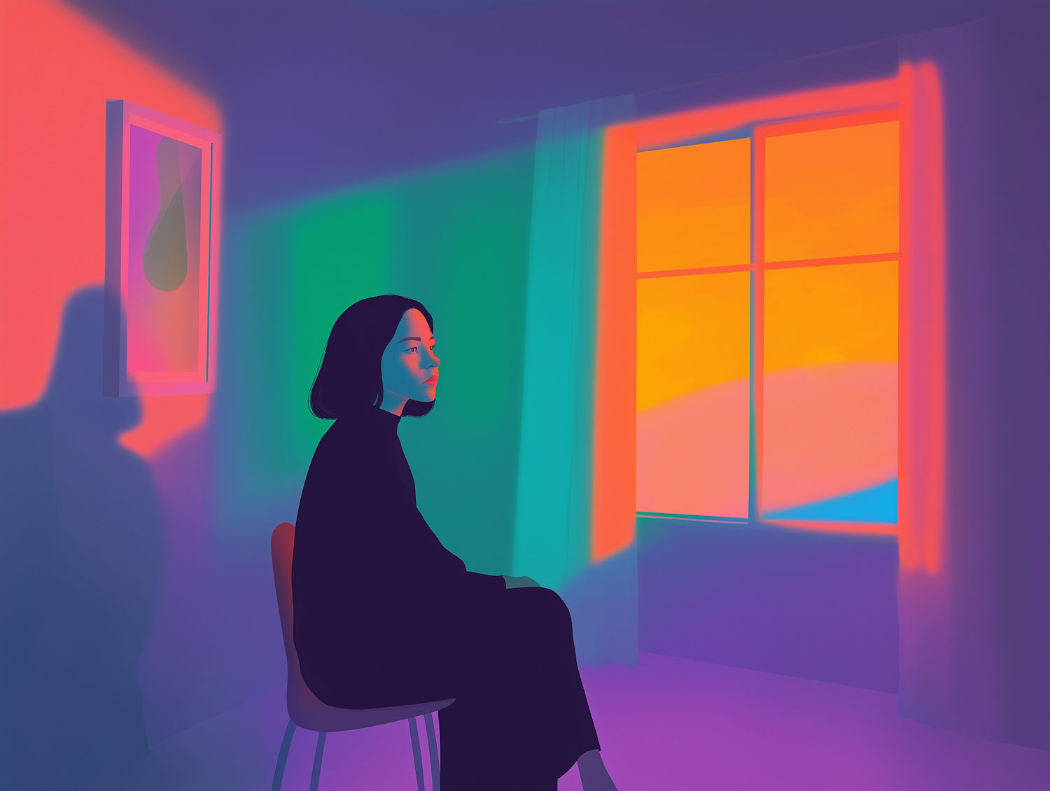 Contemplative Woman in Multicolored Light