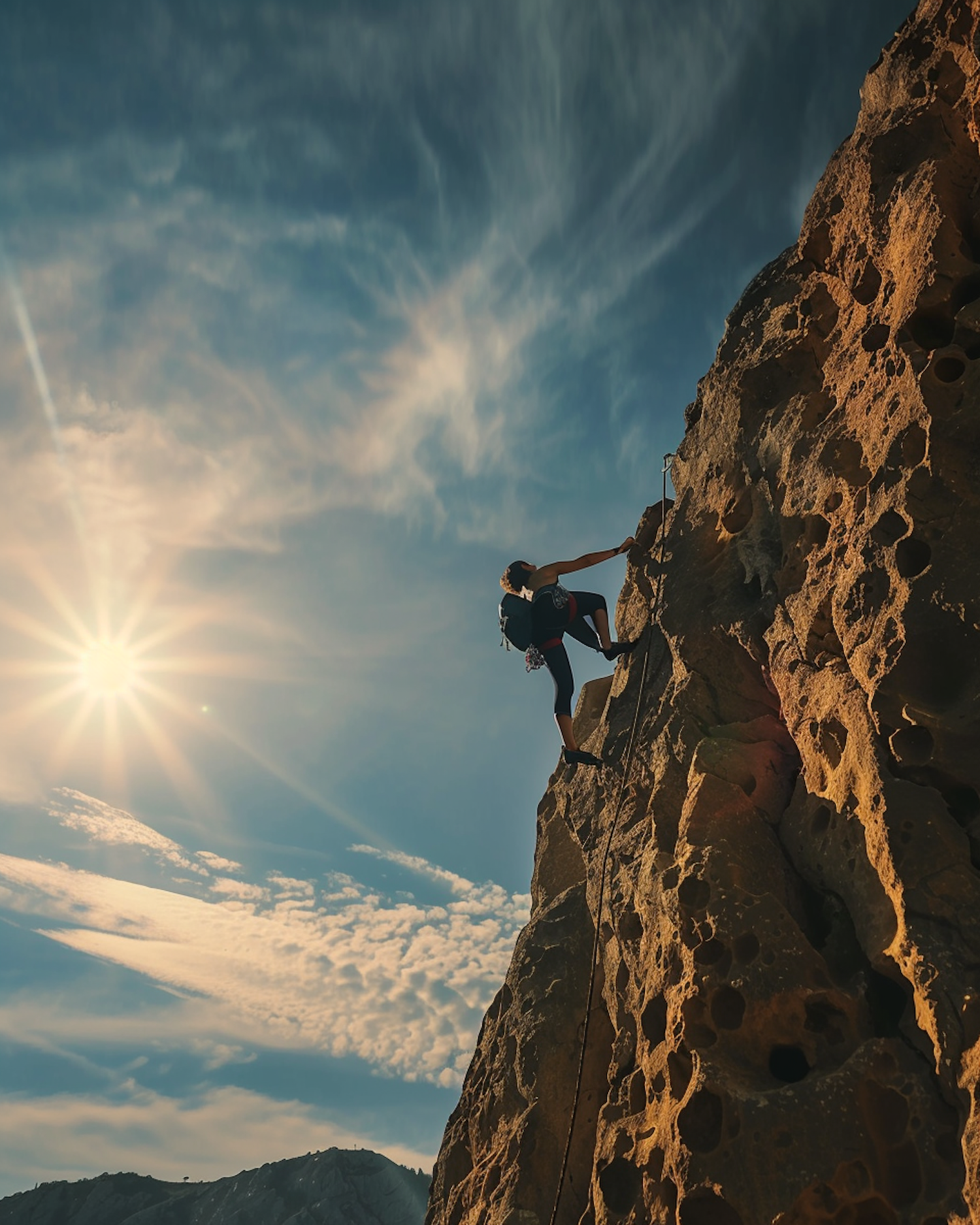 Female Rock Climber on Cliff at Sunset