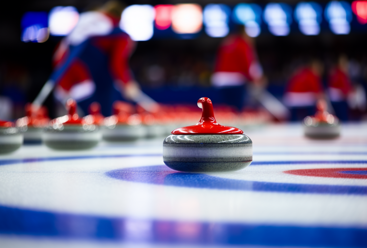 Strategic Curling Match with Red Rock in Foreground