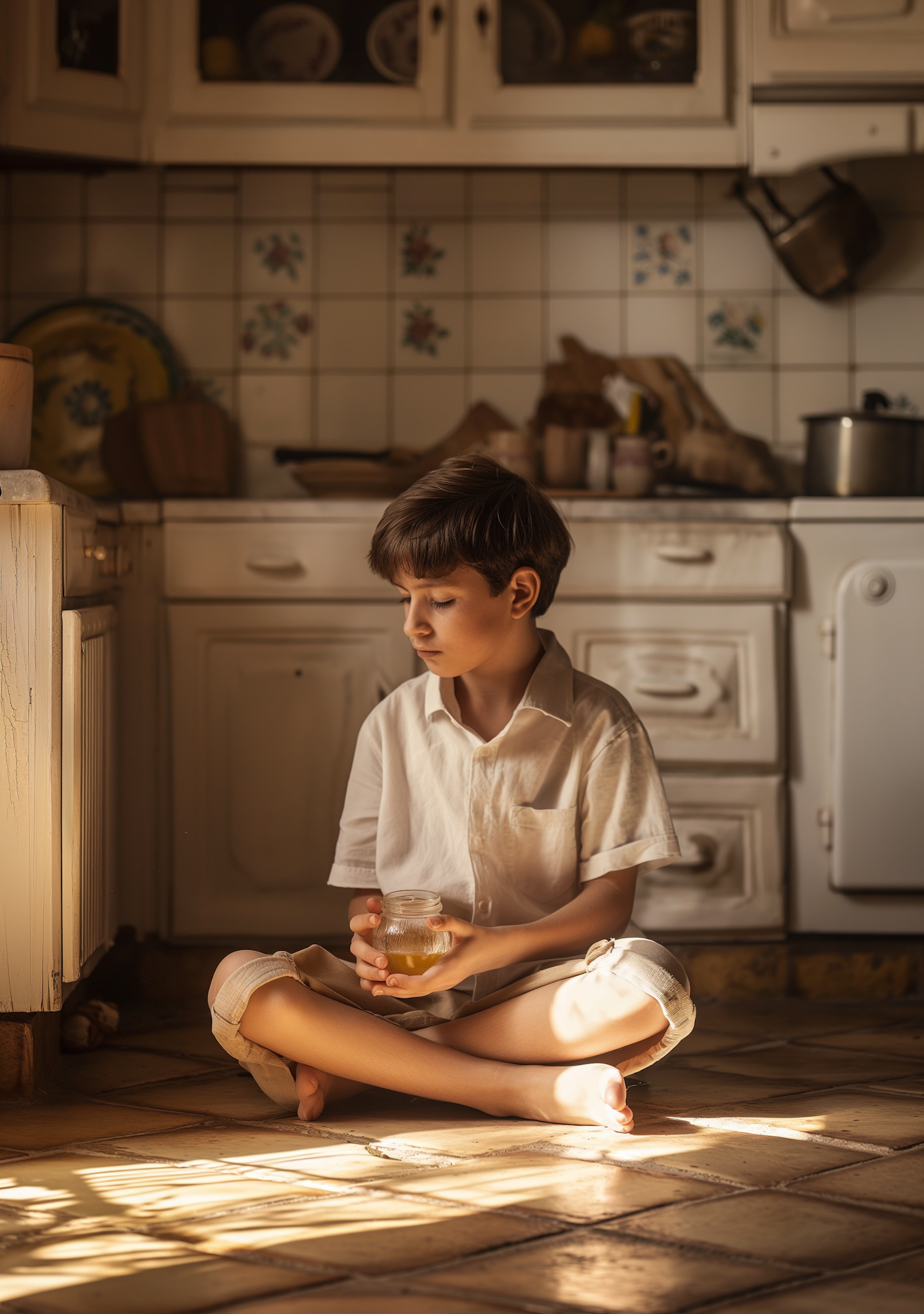 Contemplative Boy with Honey Jar in Sunlit Kitchen