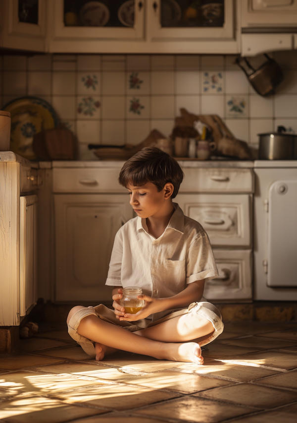 Contemplative Boy with Honey Jar in Sunlit Kitchen