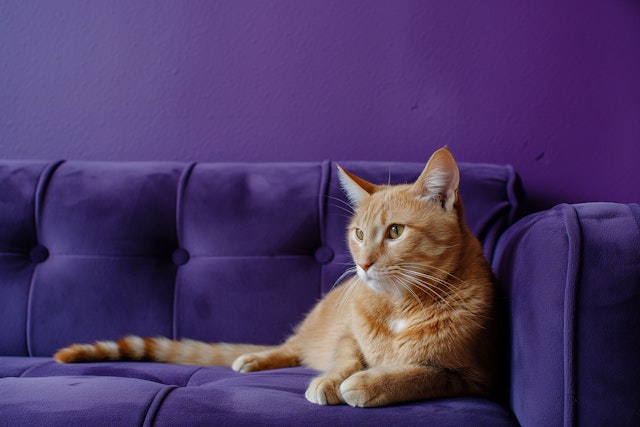 Ginger Cat on Purple Sofa