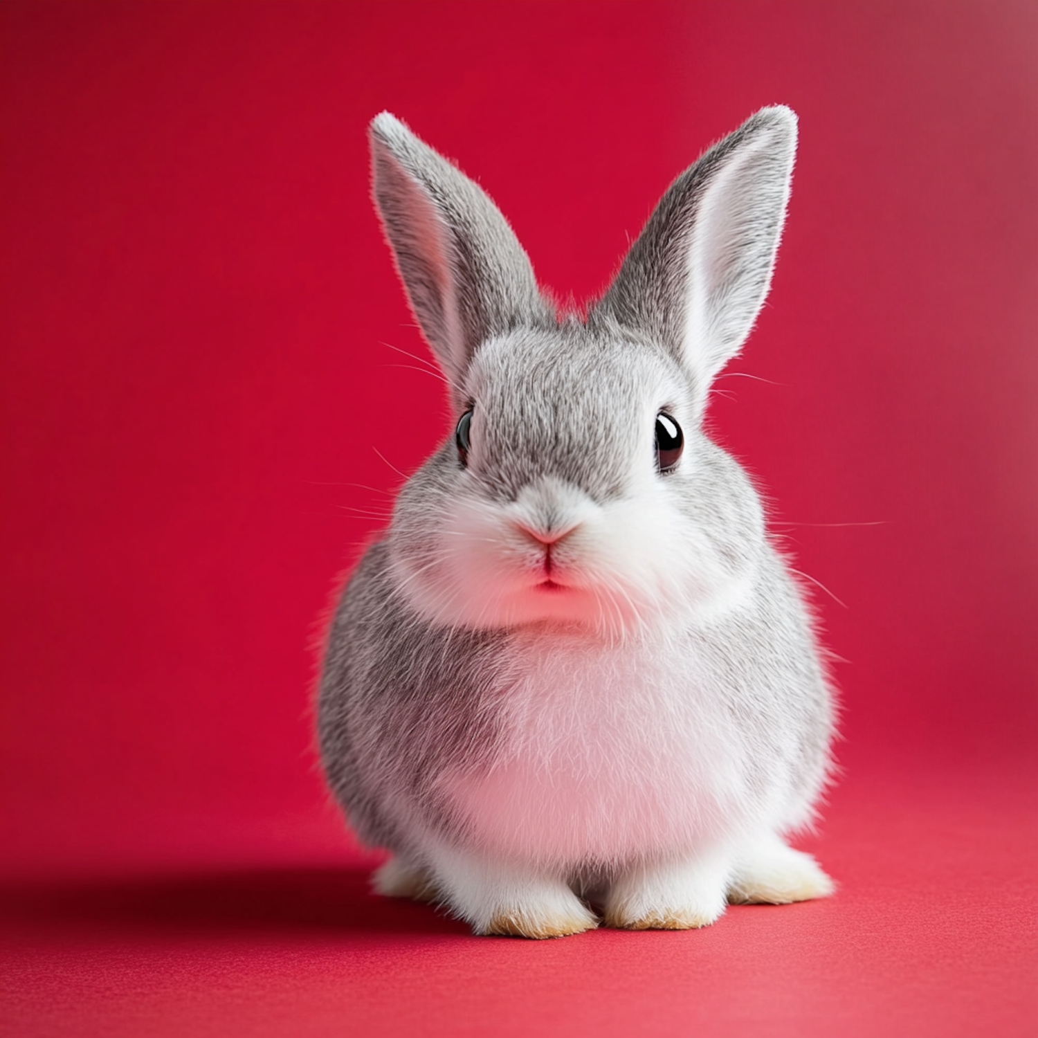 Fluffy Gray Rabbit on Red Background