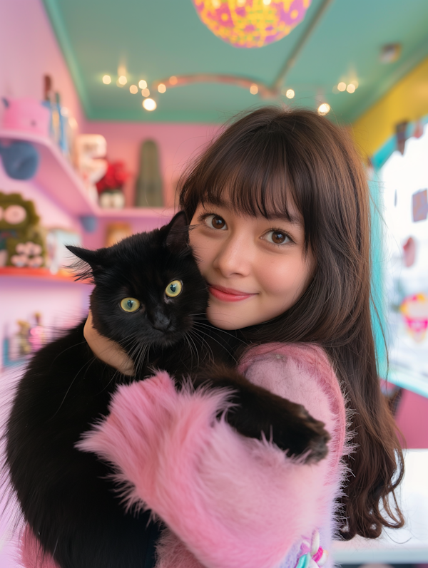 Woman Embracing Black Cat