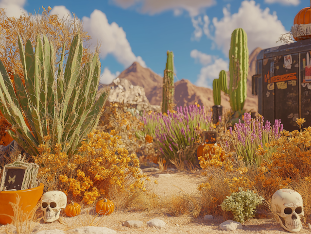 Vibrant Desert Scene with Cacti and Festive Elements