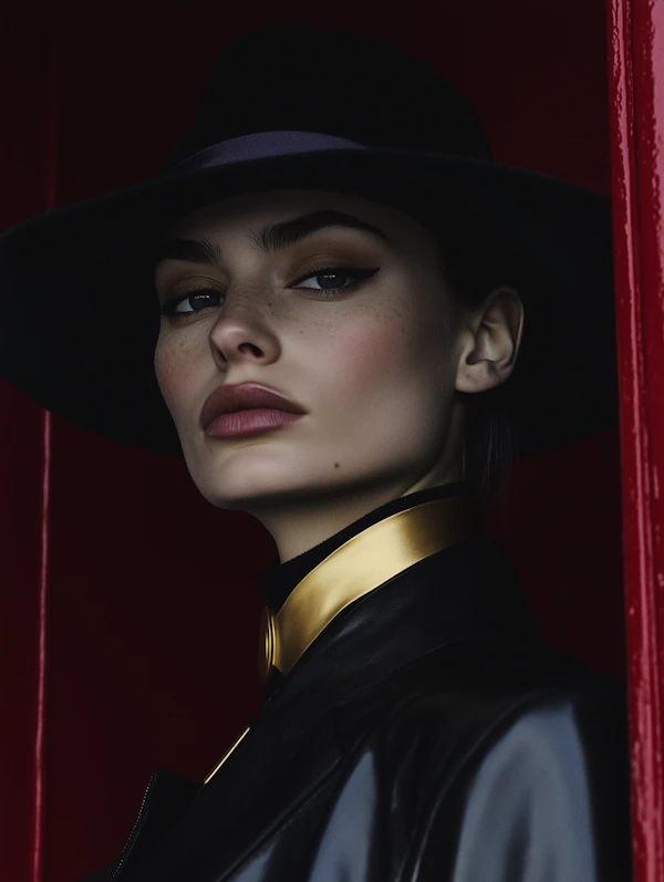 Portrait of a Woman in Black Hat and Leather Jacket