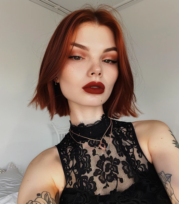 Poised Young Woman with Red Hair and Tattoos