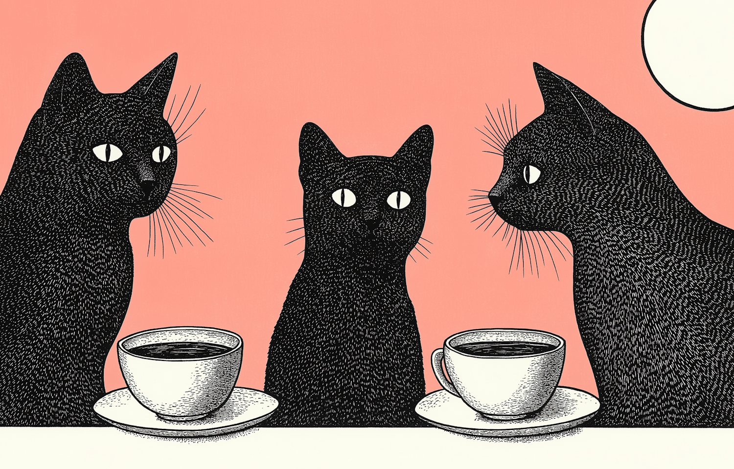 Anthropomorphic Black Cats with Coffee