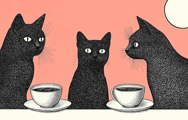 Anthropomorphic Black Cats with Coffee