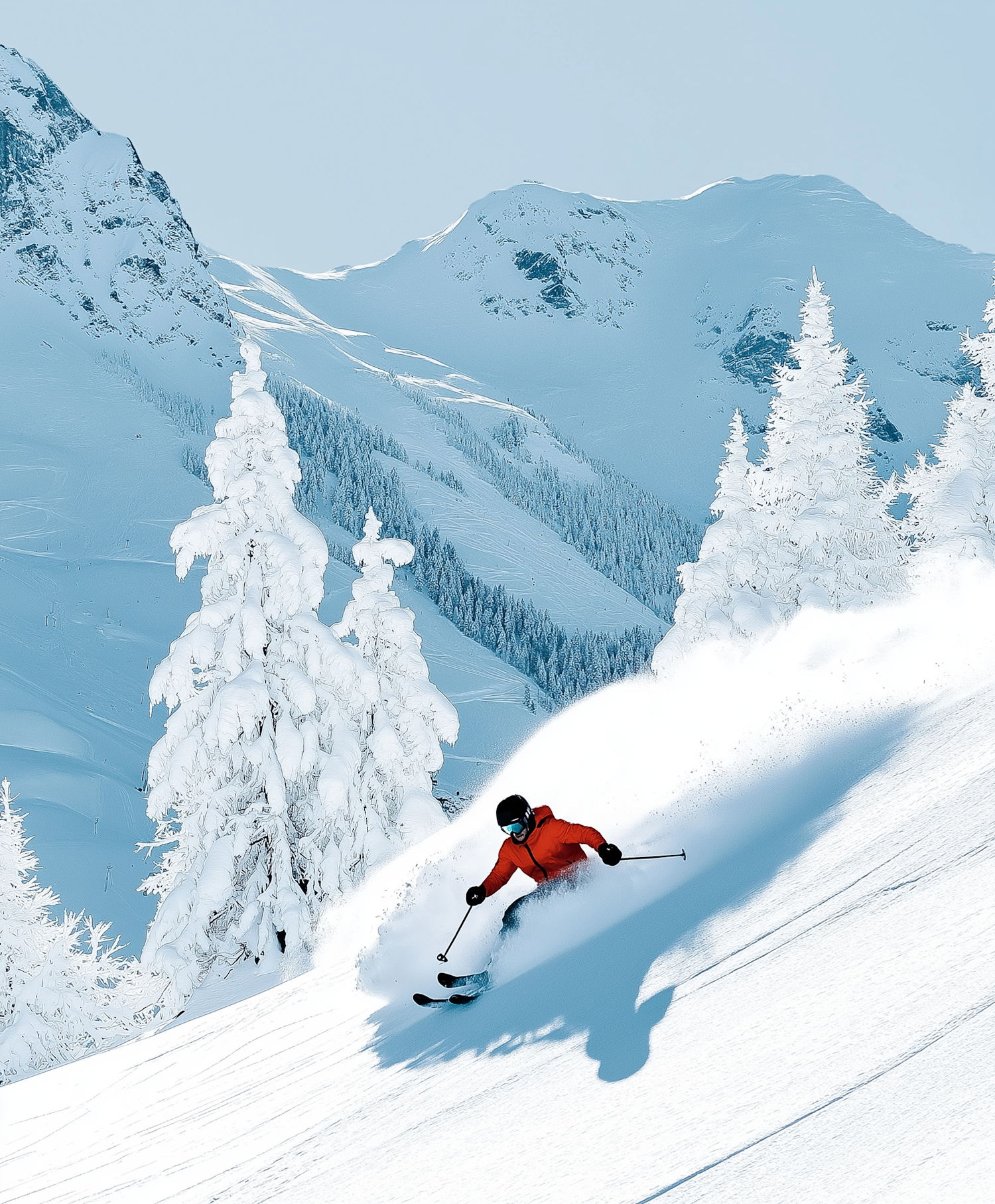 Skier in Red Jacket on Snowy Mountain