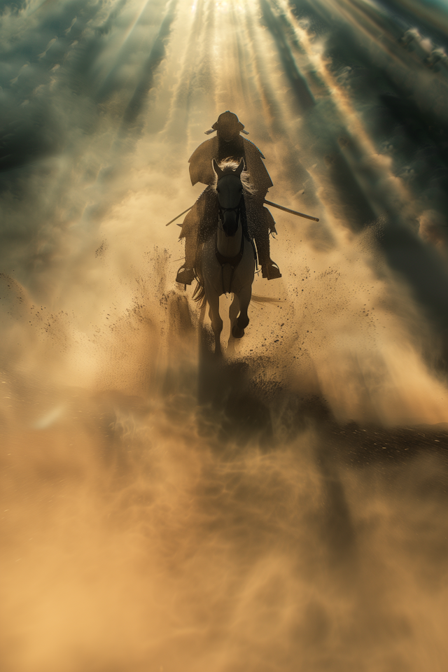 Golden Haze: Horse and Rider in Motion