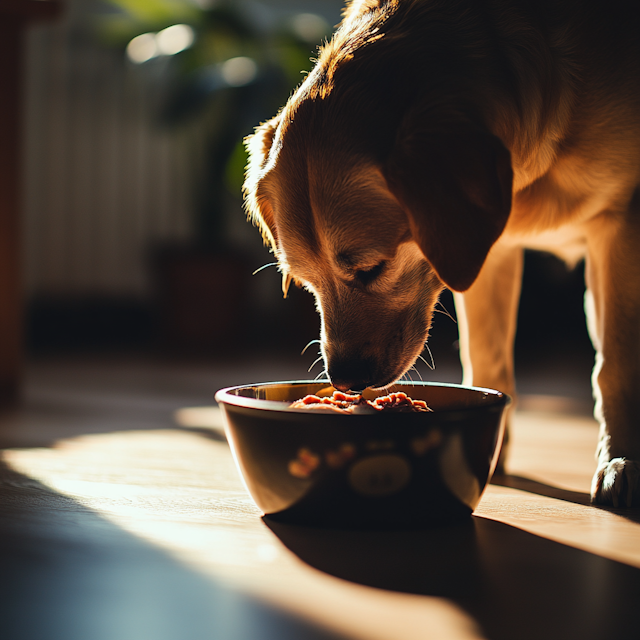 Dog Eating in Sunlit Room