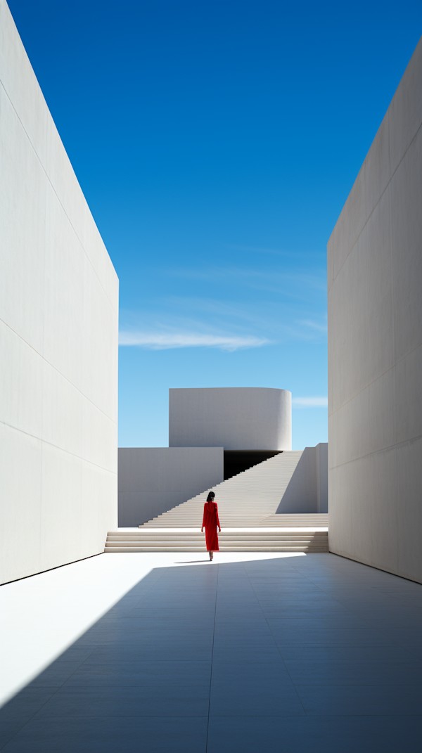 Solitary Figure in Red Against Blue Skies and Cubist Structures