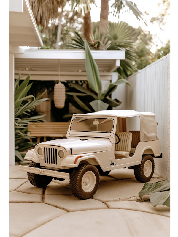 Vintage Jeep Model in Tropical Garden