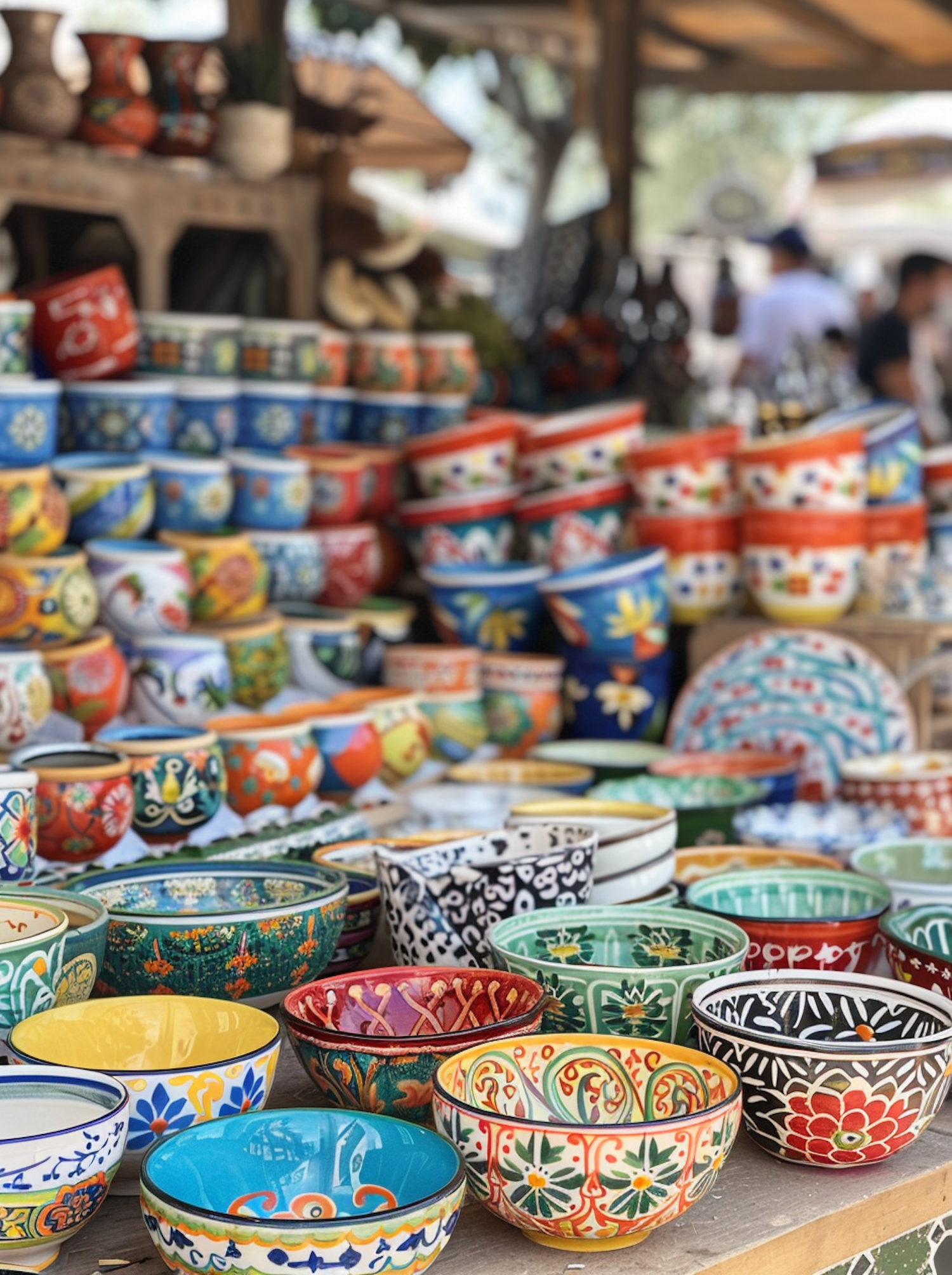 Colorful Ceramic Bowls at Market Stall