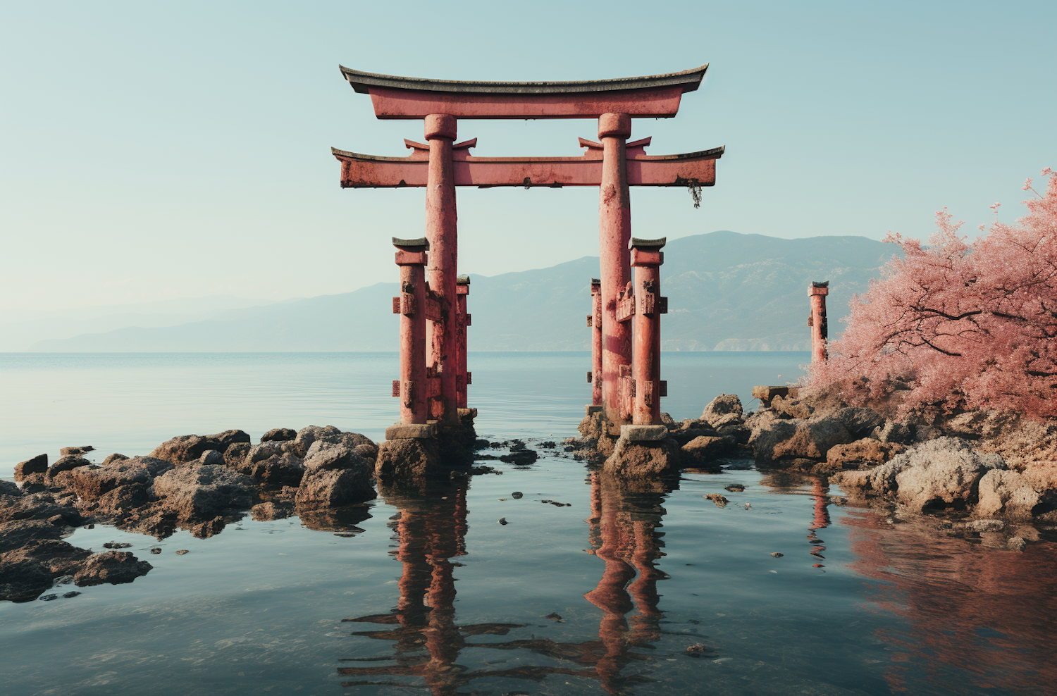 Serenity at Lake with Vermillion Torii and Sakura