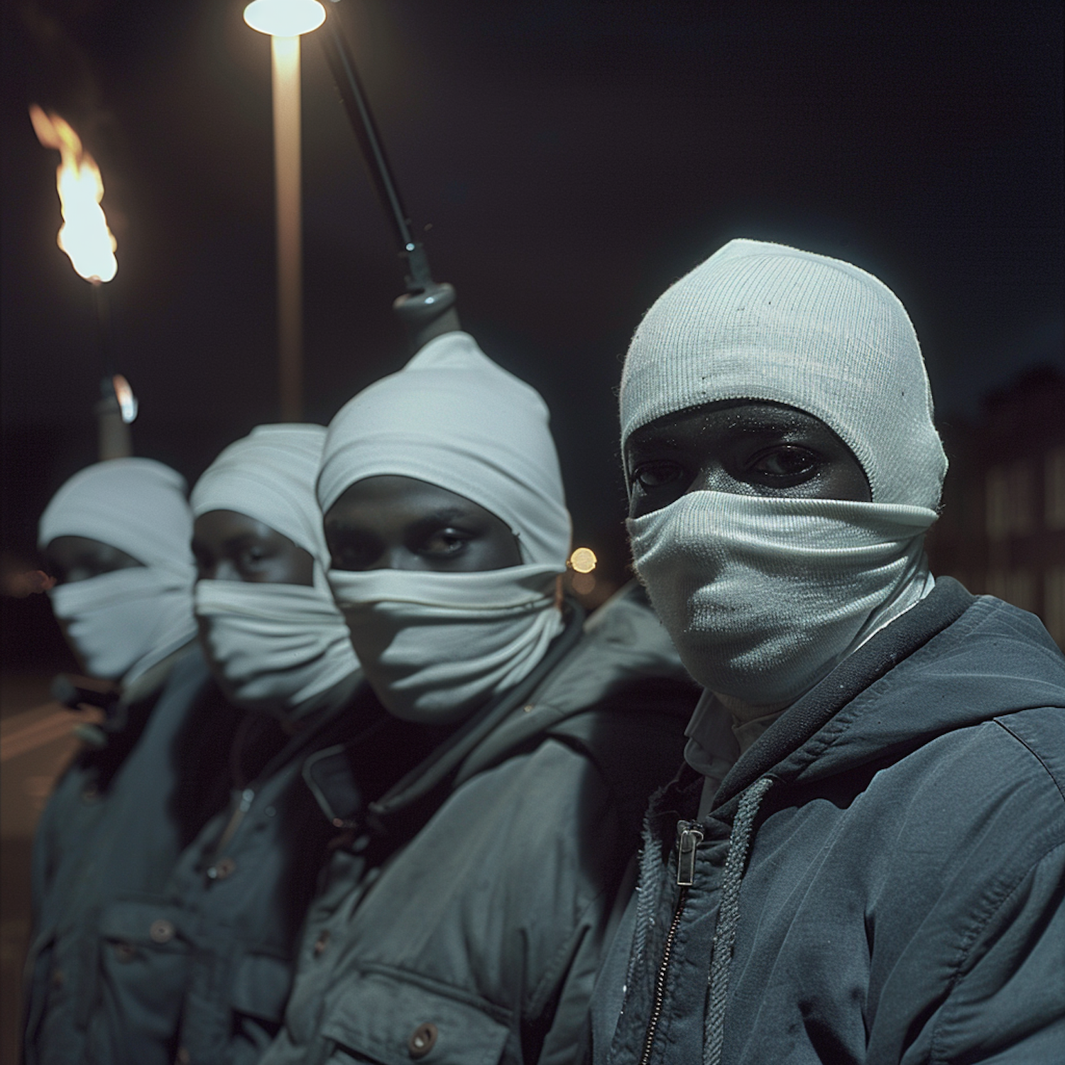 Mysterious Group with Torches at Night