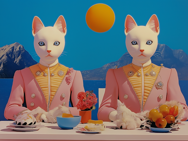 Anthropomorphic Cats in Pink and Gold Outfits