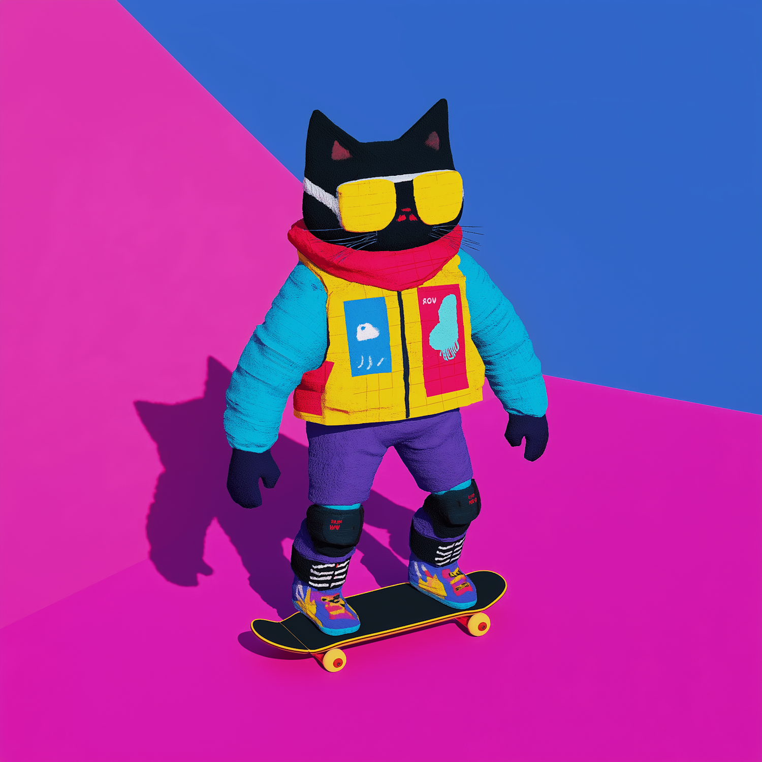 Stylized Black Cat on Skateboard