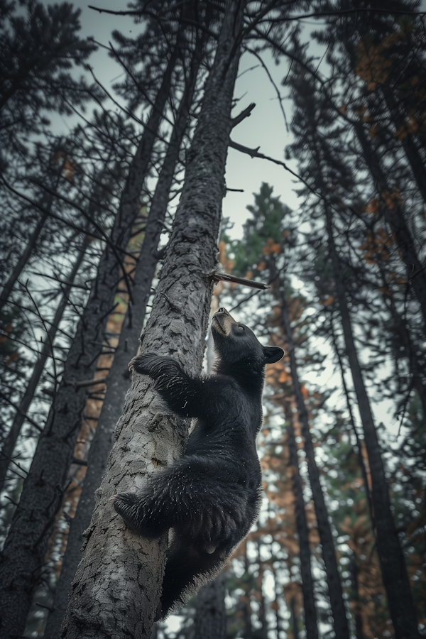 Climbing Bear in a Pine Forest