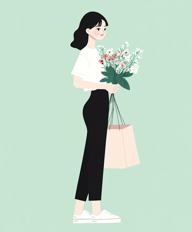 Woman with Flowers and Shopping Bags